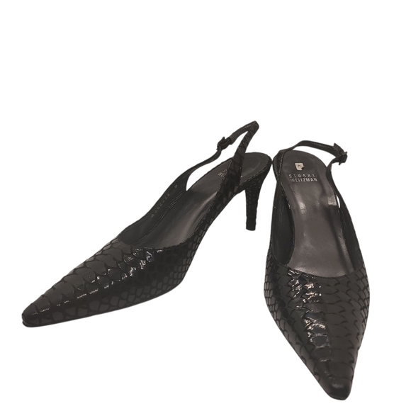 Stuart Weitzman Elegant Black Snakeskin Slingback Heels - Picture 1 of 8